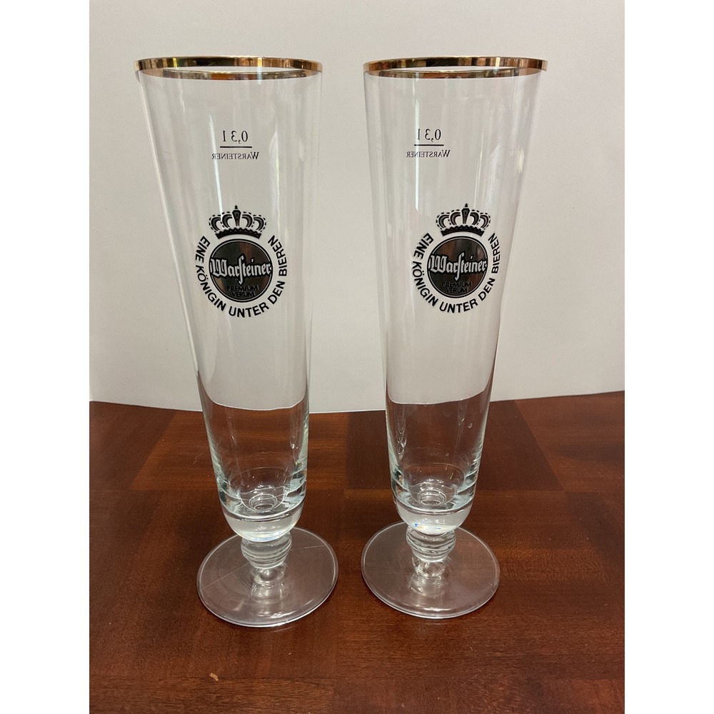 Warsteiner Pilsner Beer Glasses Set of 2 Gold Rim 0.3L German Stemmed Barware